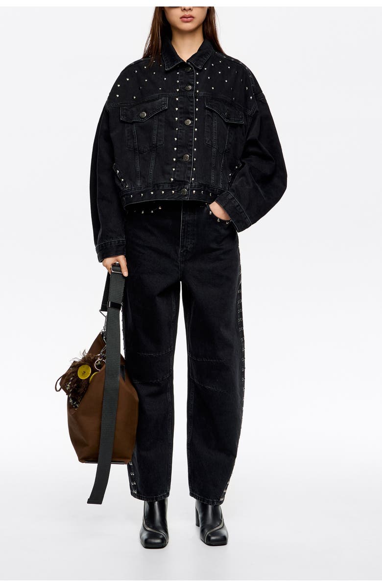 Bimba y Lola Studded Denim Jacket, Alternate, color, Black