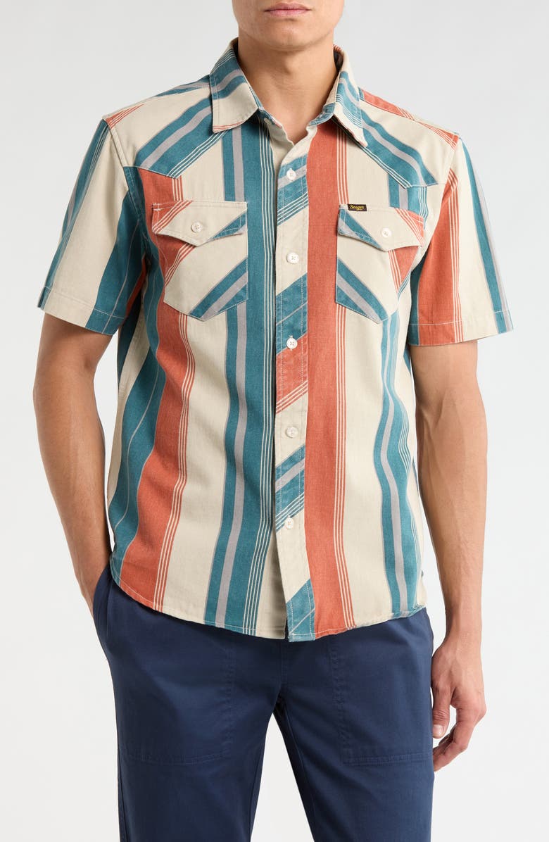 Seager Co Amarillo Stripe Short Sleeve Cotton Twill Button-Up Shirt, Main, color, El Rojo Stripe