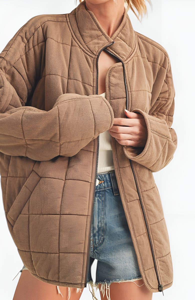 Modenaire Quilted Zip-Up Stand Collar Square Stitch Detailing Jacket, Alternate, color, Tan