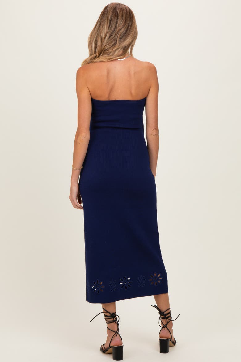 Strapless Laser Cut Lace Floral Detail Dress, Alternate, color, Navy Blue