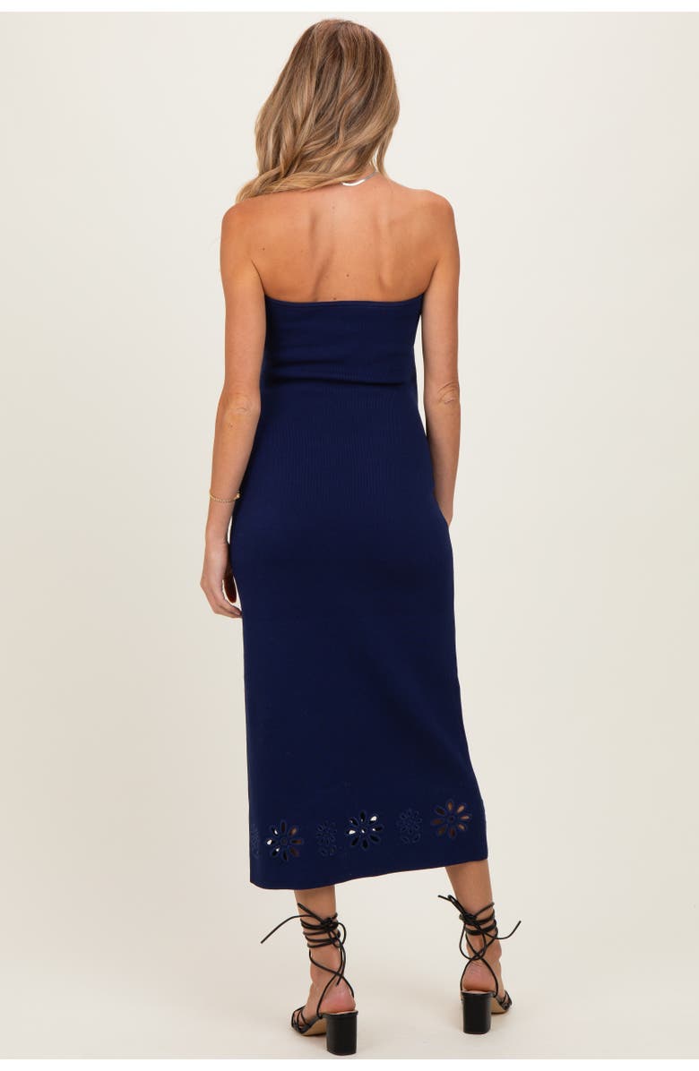 PinkBlush Strapless Laser Cut Lace Floral Detail Dress, Alternate, color, Navy Blue