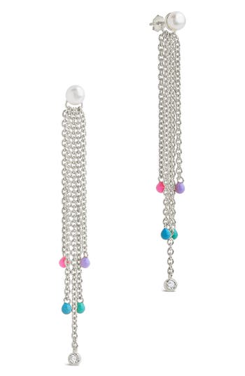 Sterling Forever Delmare Imitation Pearl Linear Drop Earrings In Silver