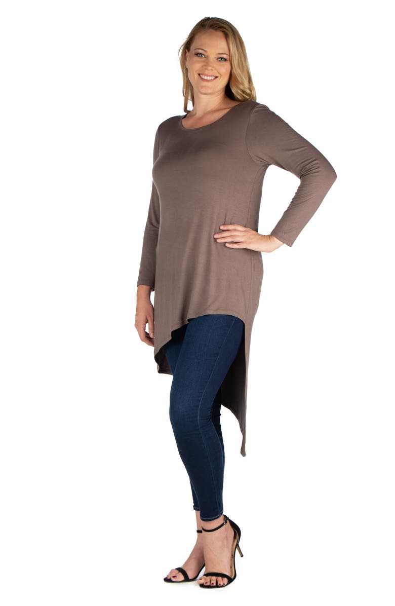24seven Comfort Apparel Plus Size Long Sleeve Knee Length Asymmetrical Tunic Top, Alternate, color, Taupe
