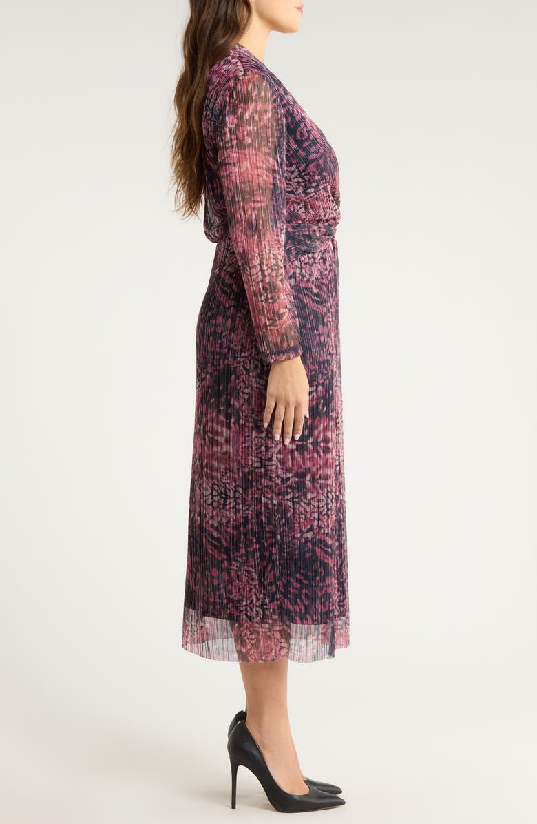 Anne Klein Long Sleeve Twist Front Micropleat Dress, Alternate, color, Lotus Pink Multi