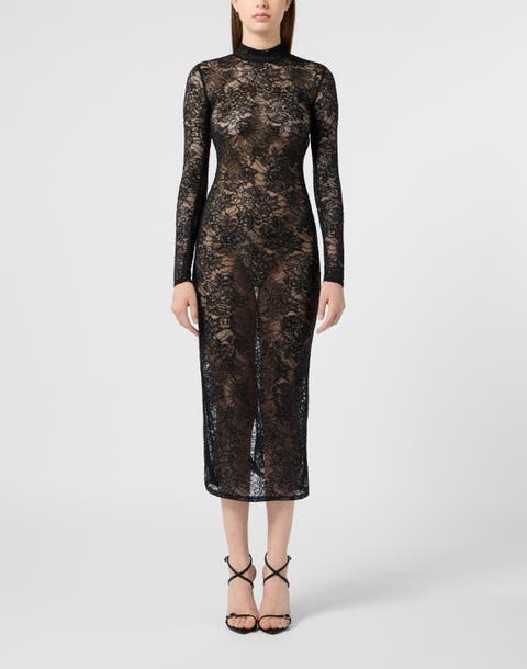 Lace Open Back Long Dress Monogram Strass Monogram Strass Women