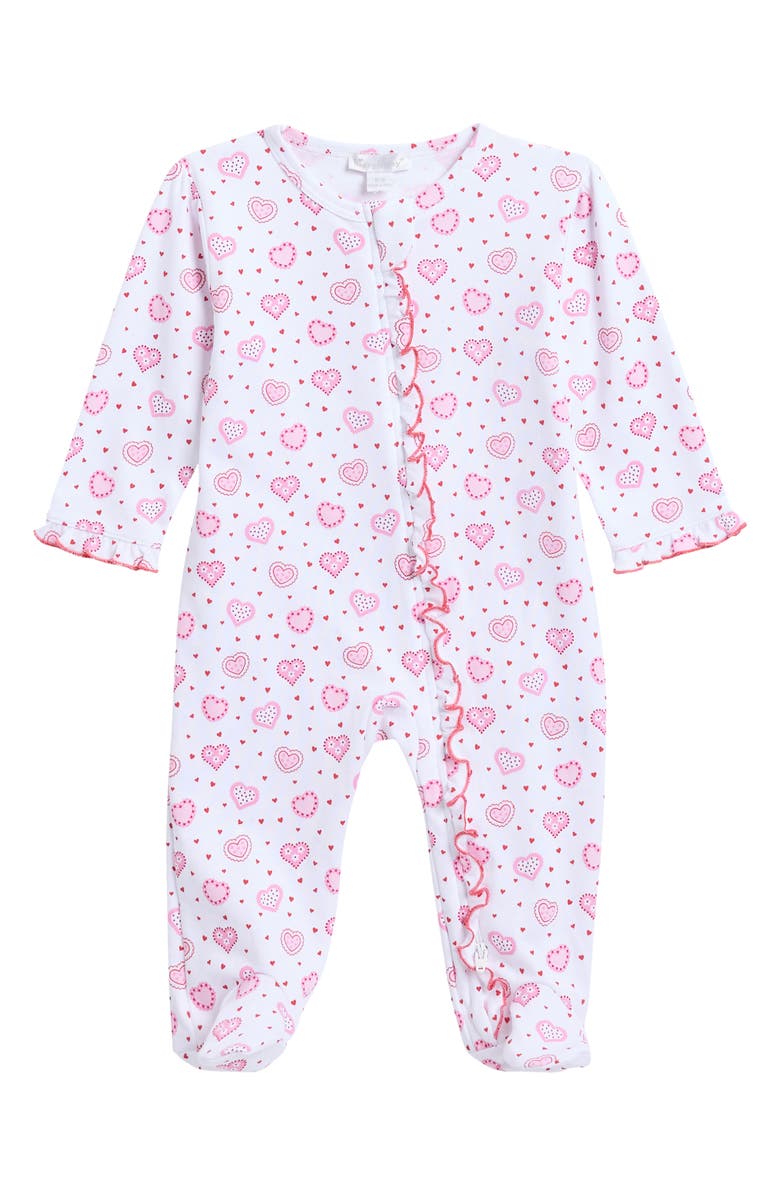 Kissy Kissy Heart Ruffle Pima Cotton Zip Footie, Main, color, 