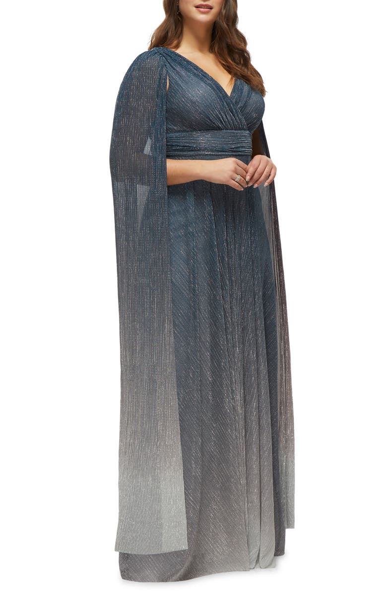 After Six Metallic Cape Sleeve Gown, Alternate, color, Cosmic Blue