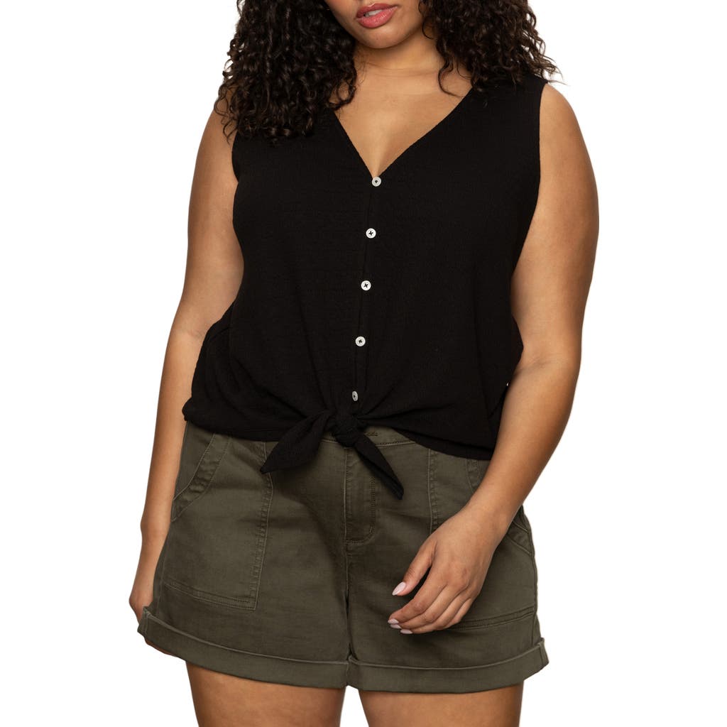 Sanctuary Link Up Tie Hem Sleeveless Stretch Cotton Top In Black