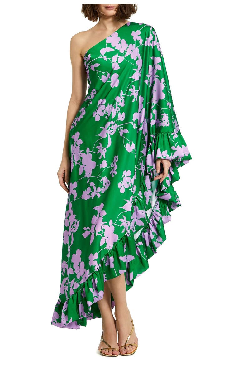 Mac Duggal Floral Charmeuse One Shoulder Draped Gown, Main, color, Green Multi