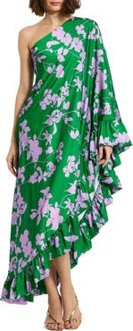 Mac Duggal Floral Charmeuse One Shoulder Draped Gown