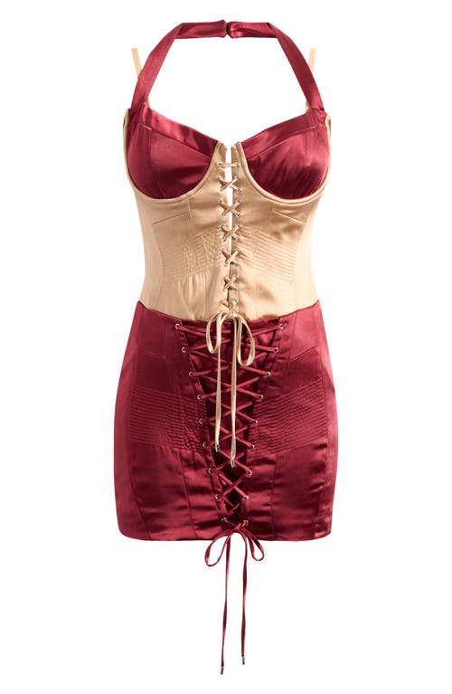 Shop Mistress Rocks Lace Up Corset Minidress In Dark Cherry Biscuit