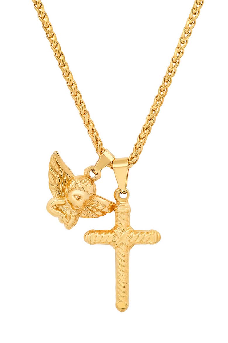Cross & Angel Pendant Necklace, Main, color, GOLD