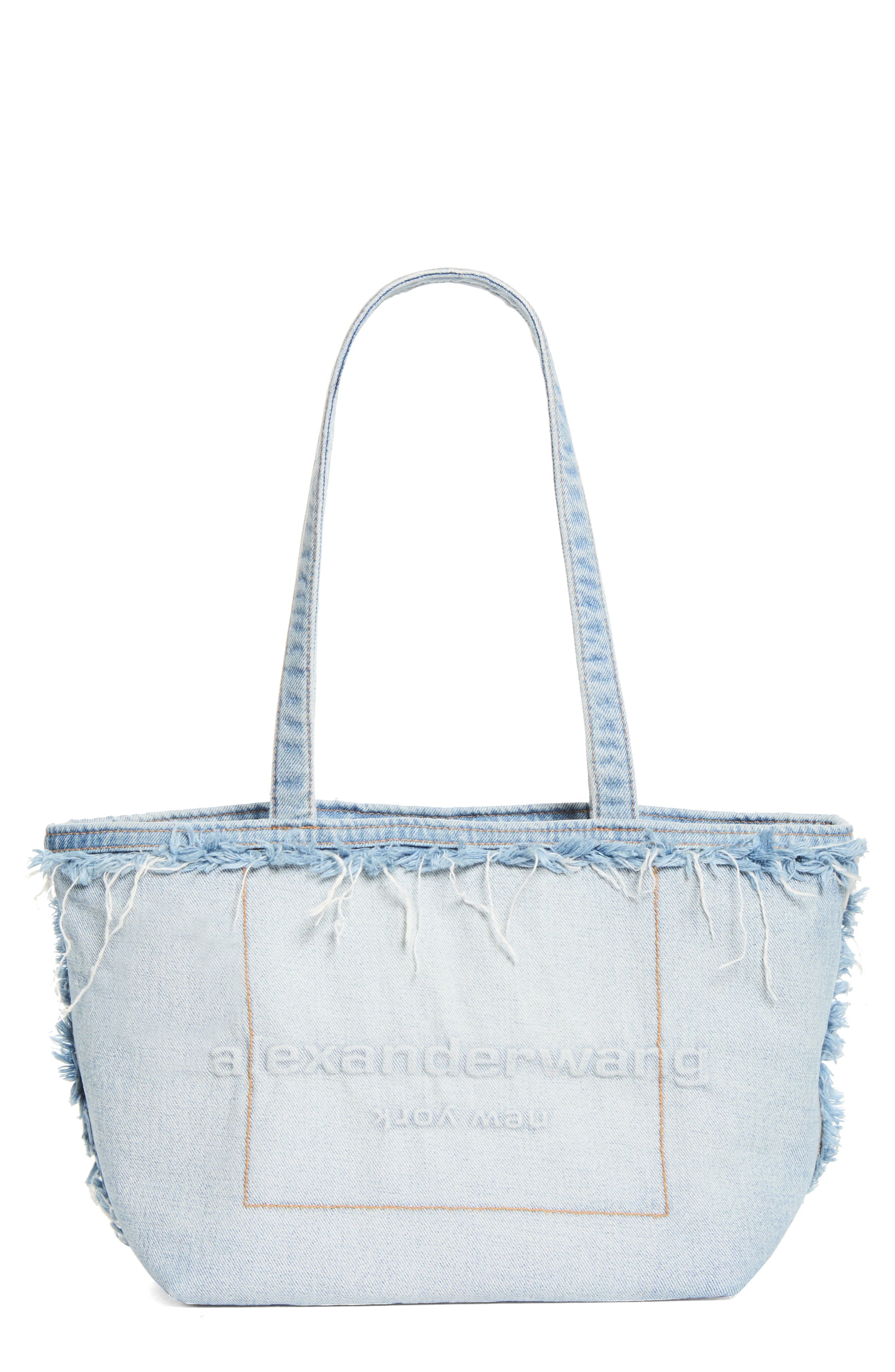 Medium Punch Logo Denim Fray Tote, Main, color, BLEACH BLUE