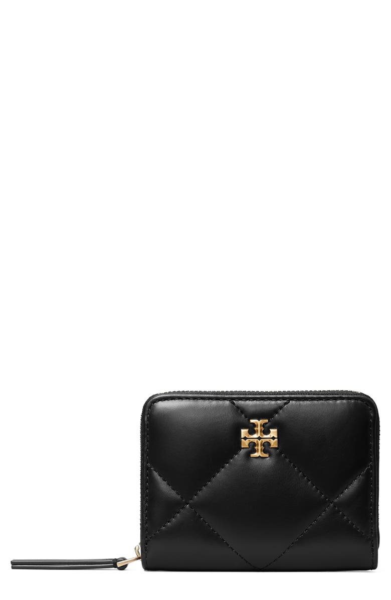 Tory Burch Small Kira Diamond Quilted Leather Zip Wallet, Main, color, Black
