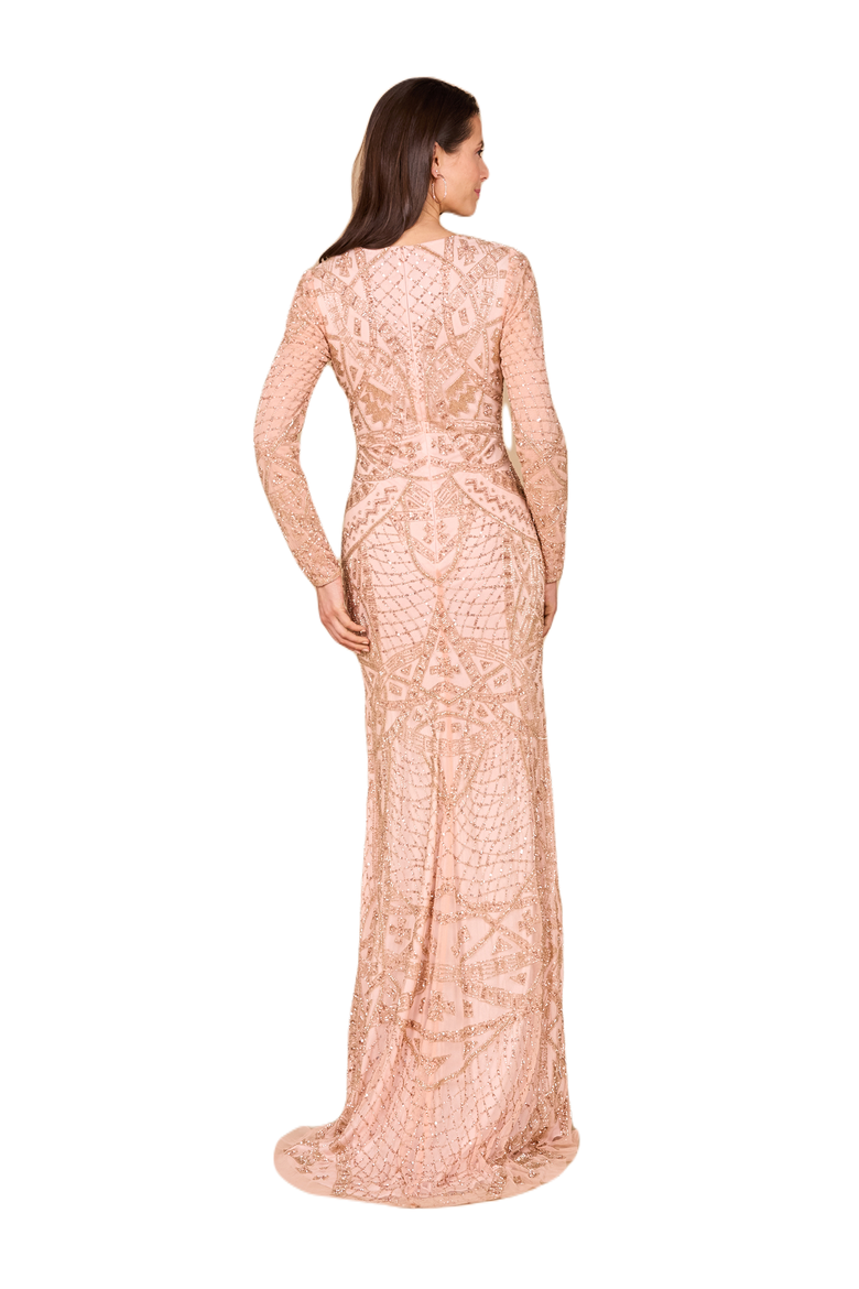 Beaded Long Sleeve V-Neck Gown, Alternate, color, Rose Gold