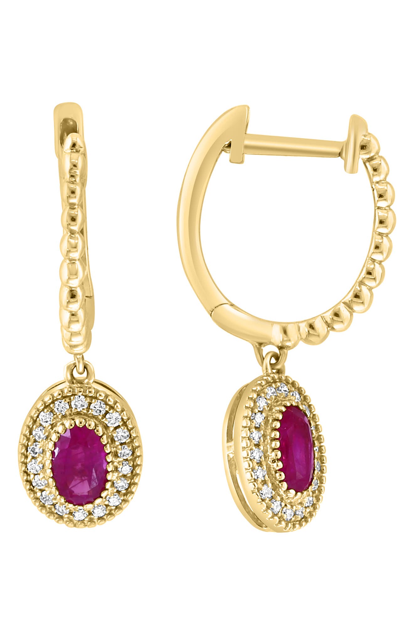 EFFY Oval Cut Ruby & Pavé Diamond Halo Drop Hoop Earrings (Women ...