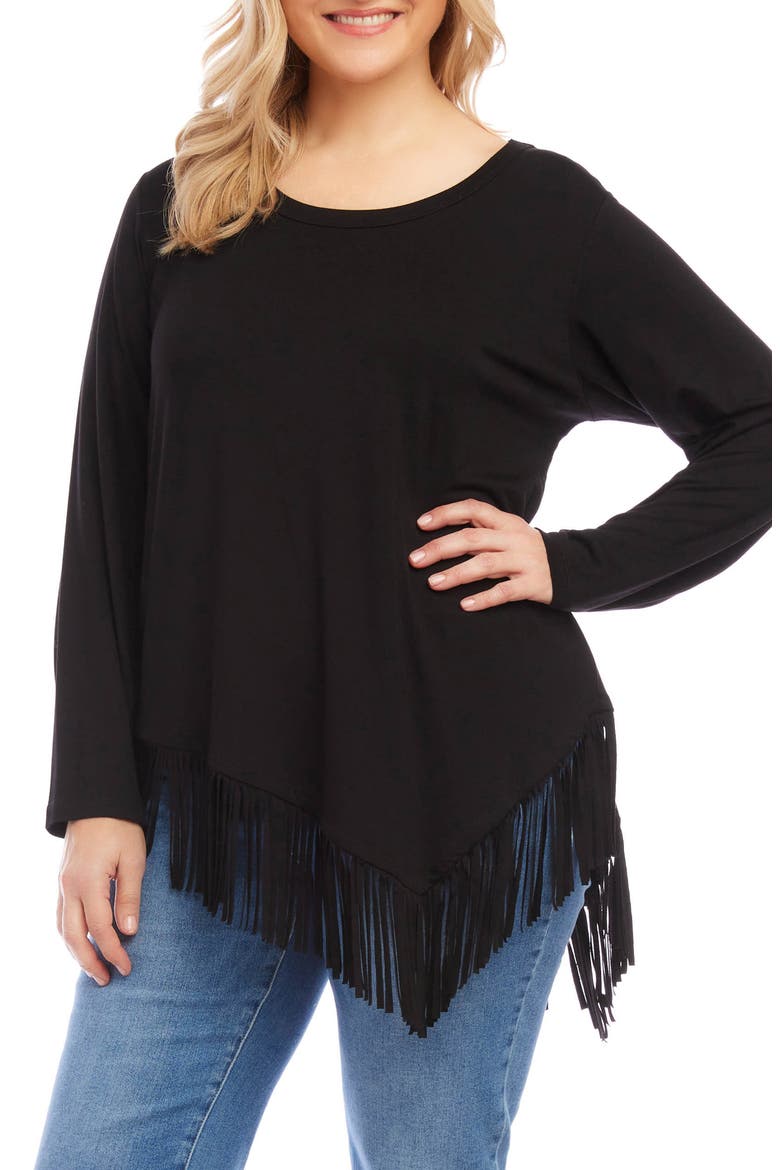 Asymmetric Long Sleeve Fringe Top, Main, color, BLACK