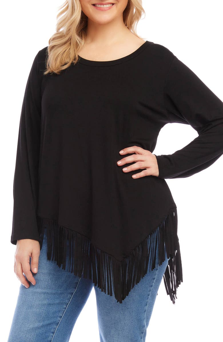 Karen Kane Asymmetric Long Sleeve Fringe Top, Main, color,