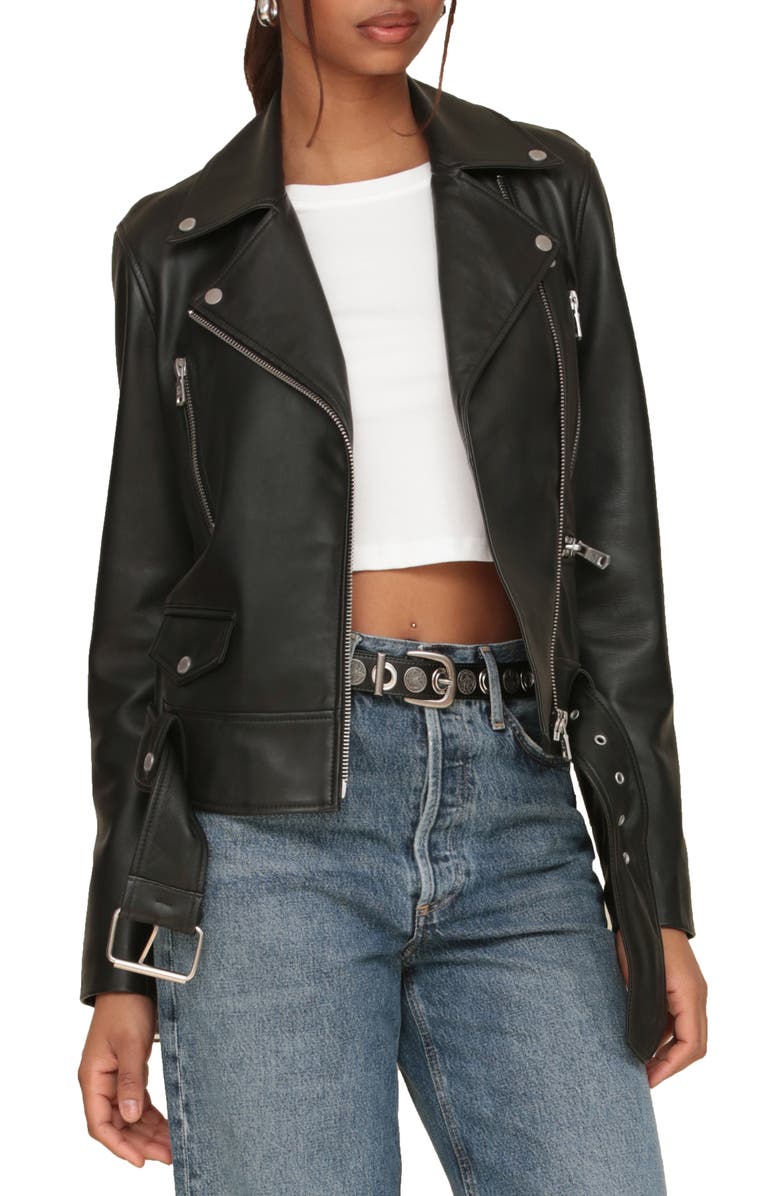 Avec Les Filles Belted Leather Biker Jacket, Main, color, Black
