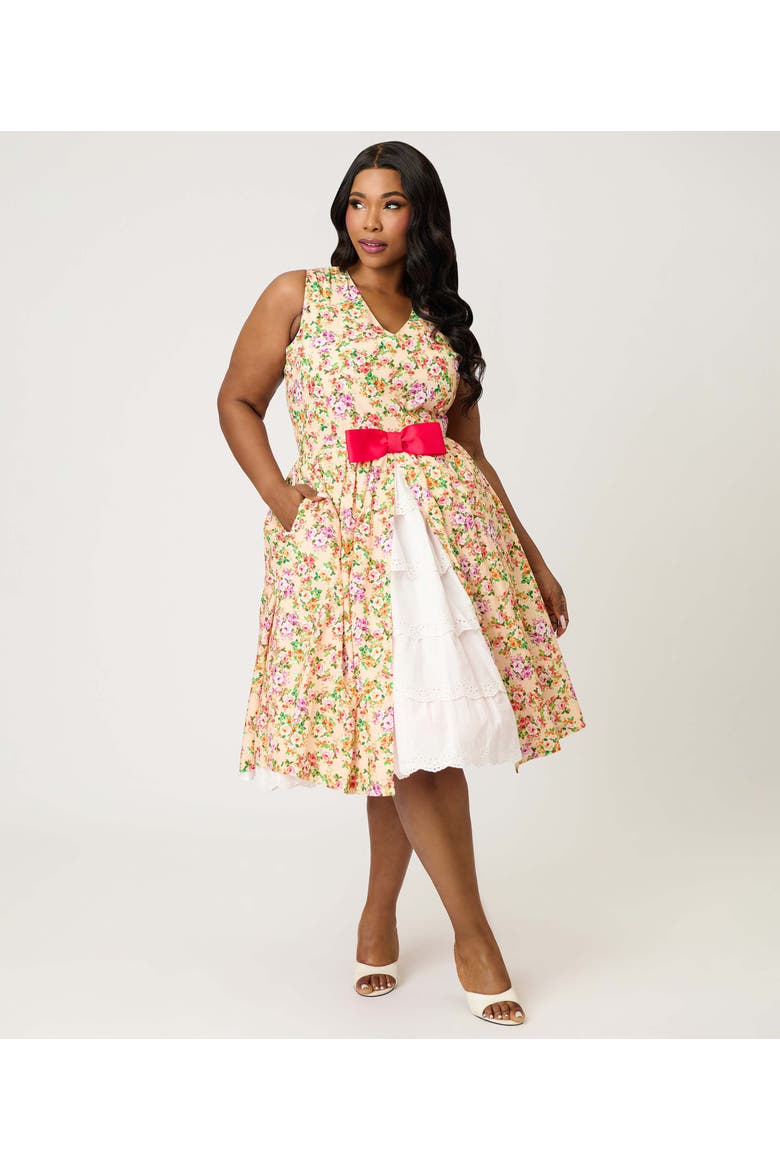 Plus Size 1960s Garden Party Swing Dress, Main, color, Beige w/ Pink Bow Floral Print
