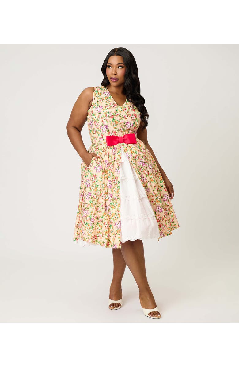 Unique Vintage Plus Size 1960s Garden Party Swing Dress, Main, color, Beige W/ Pink Bow Floral Print