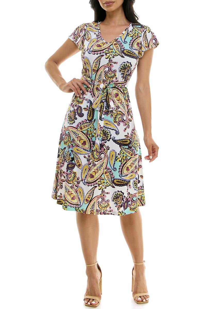 Nina Leonard Flutter Sleeve Dress, Main, color, Robins Egg Multi