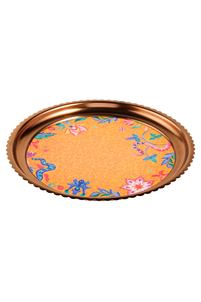 Nanpur Patterned Round Metal Decorative Tray 7X7 In, Alternate, color, Orange