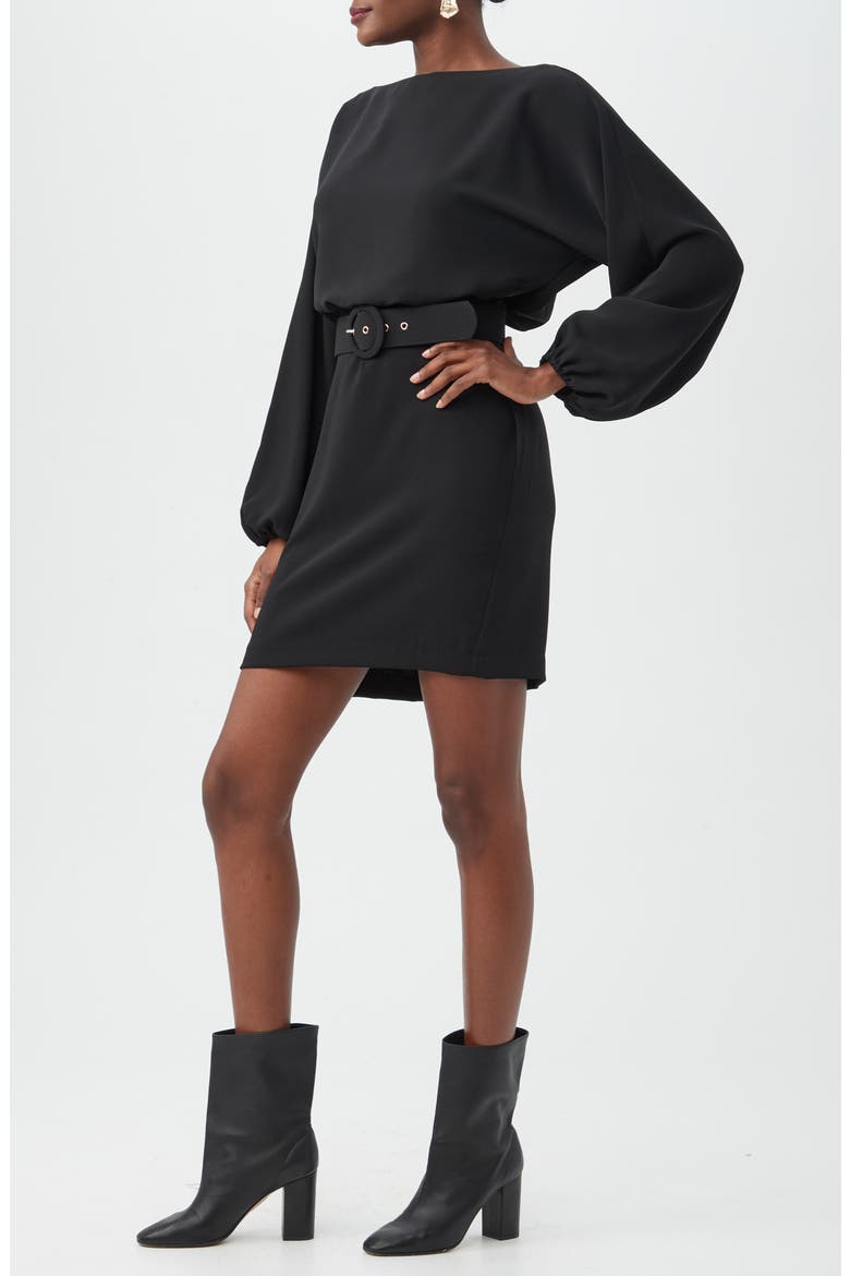 Avory Long Sleeve Belted Sheath Minidress, Alternate, color, BLACK