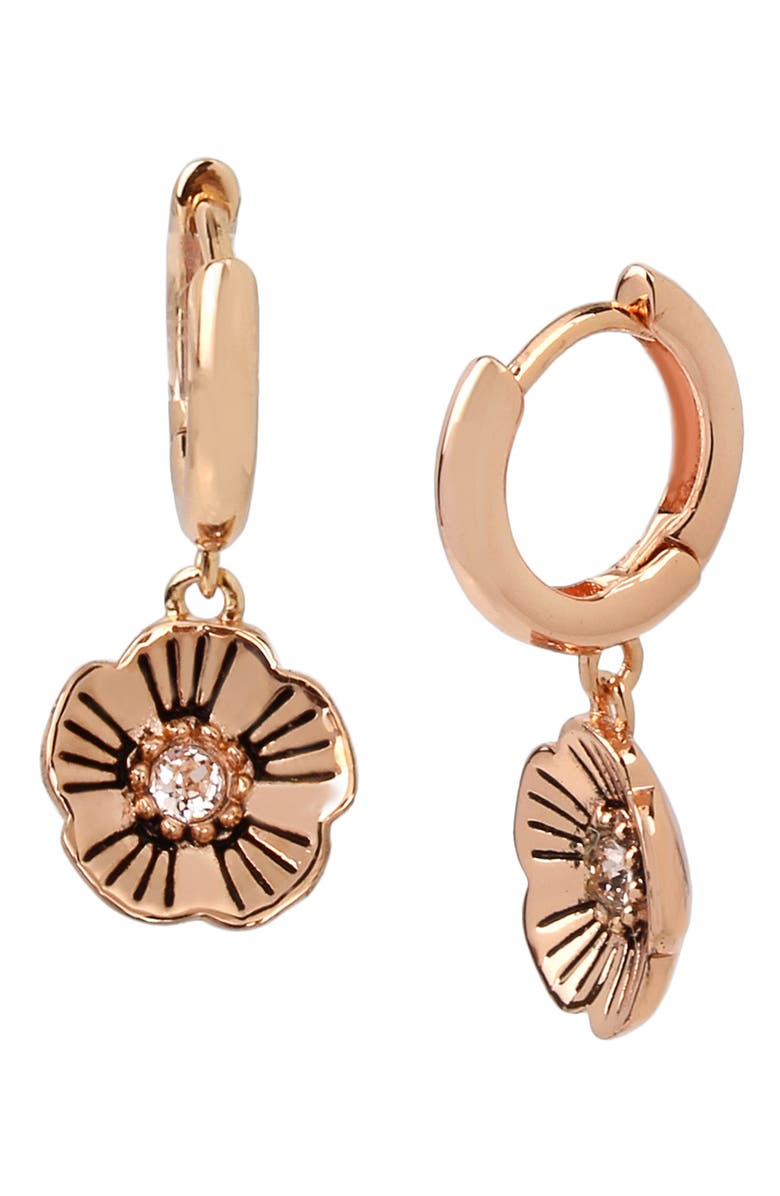 COACH Tea Rose Flower Drop Huggie Hoop Earrings, Main, color, 