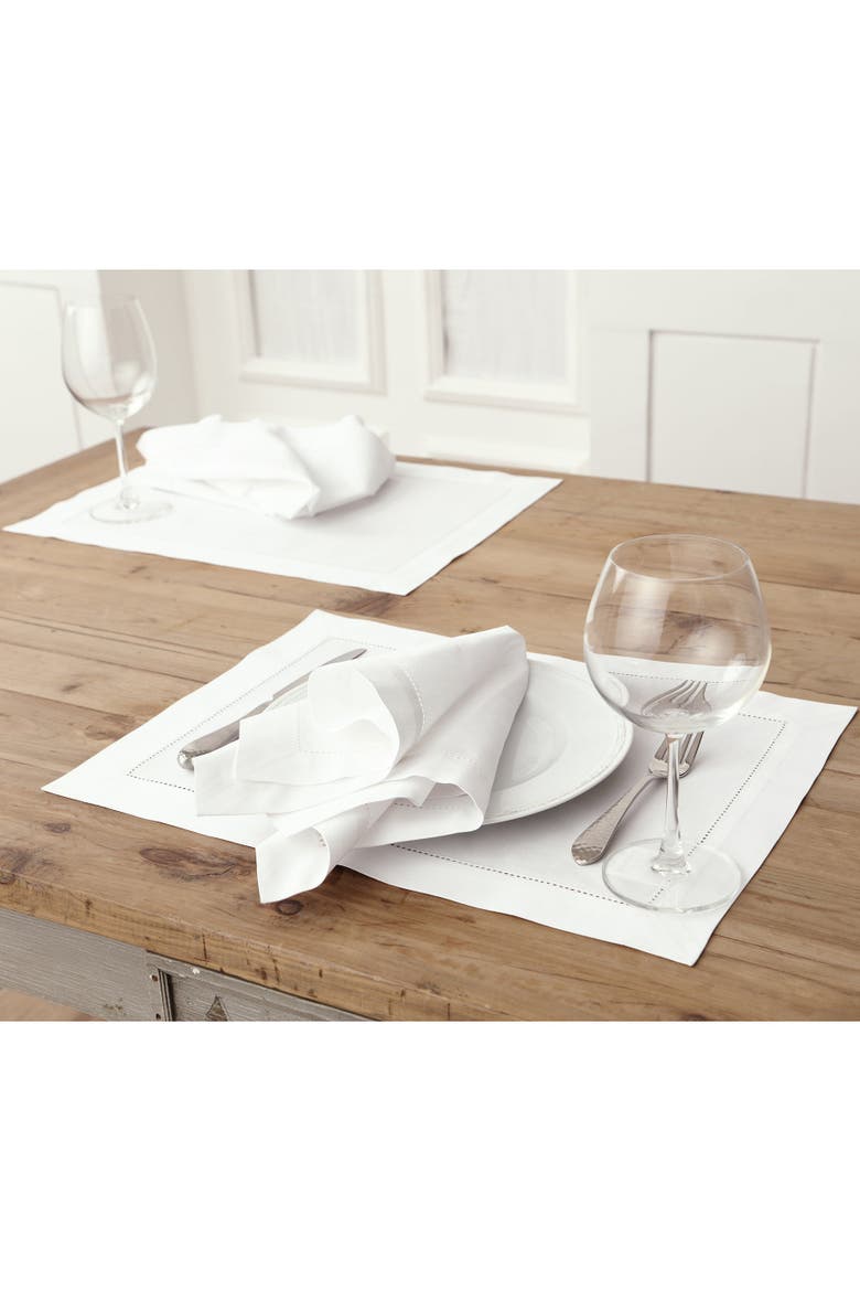 Cotton Linen Hemstitch Placemats Set of 6, 14 x 19 Inch, Alternate, color, White