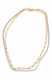 Adornia Water Resistant 14K Gold Plated CZ Tennis Chain & Paperclip Chain Necklace Set