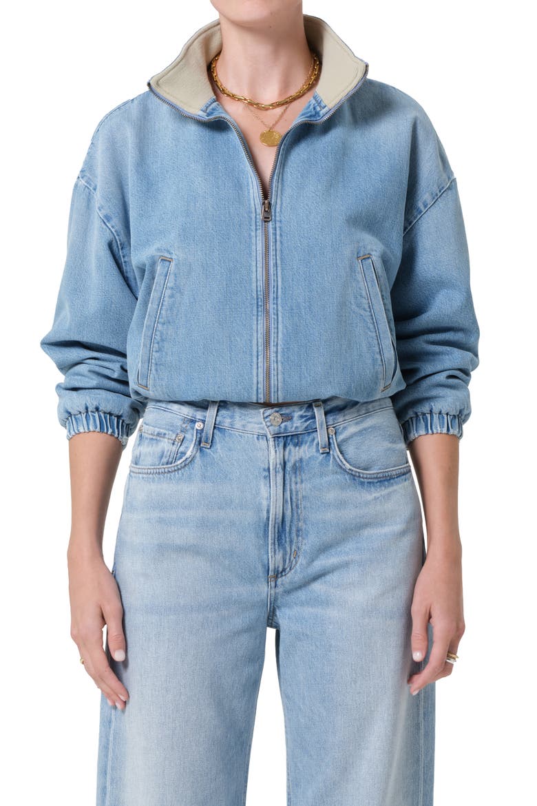 Bubble Denim Bomber Jacket, Main, color, MARSEILLE LIGHT VINTAGE INDIGO