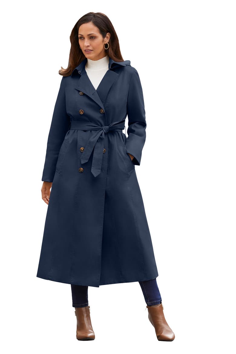 Double Breasted Long Trench Raincoat, Main, color, NAVY