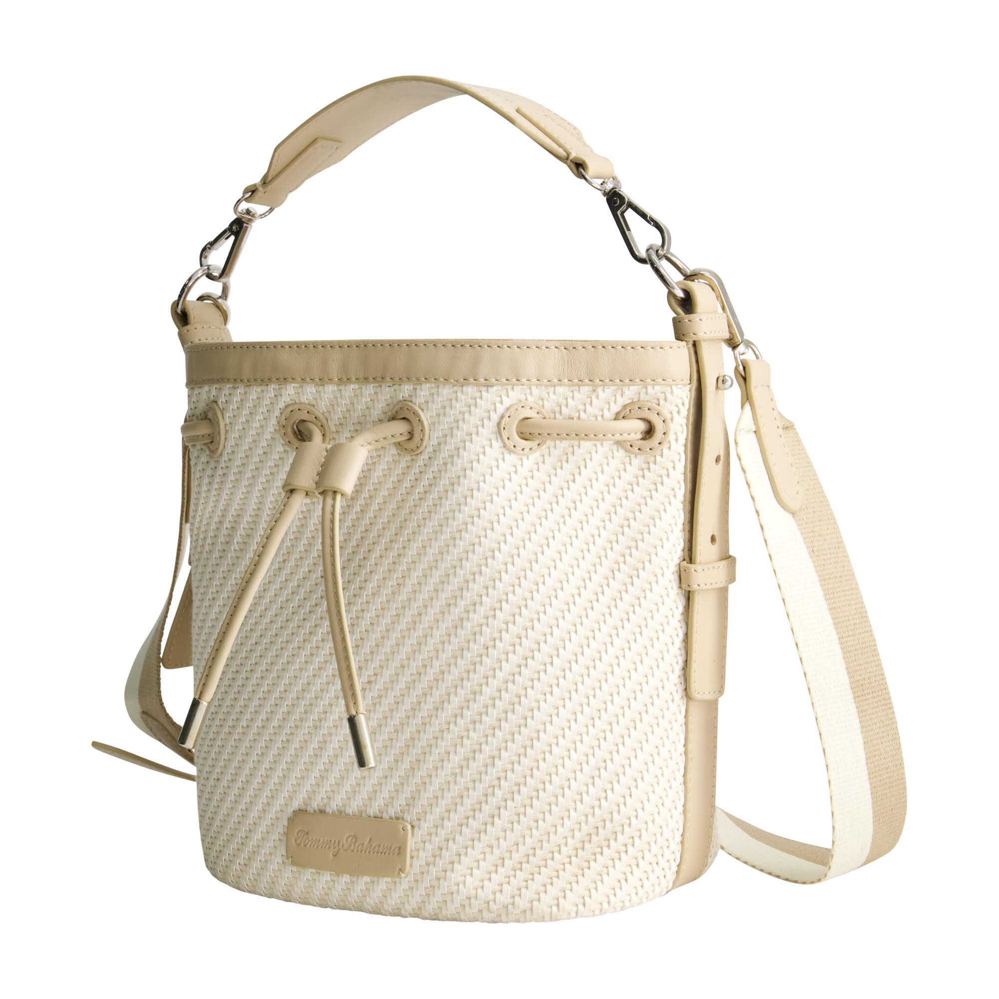 Tommy Bahama Soft Woven Drawstring Bucket Bag, Alternate, color, Tan/White