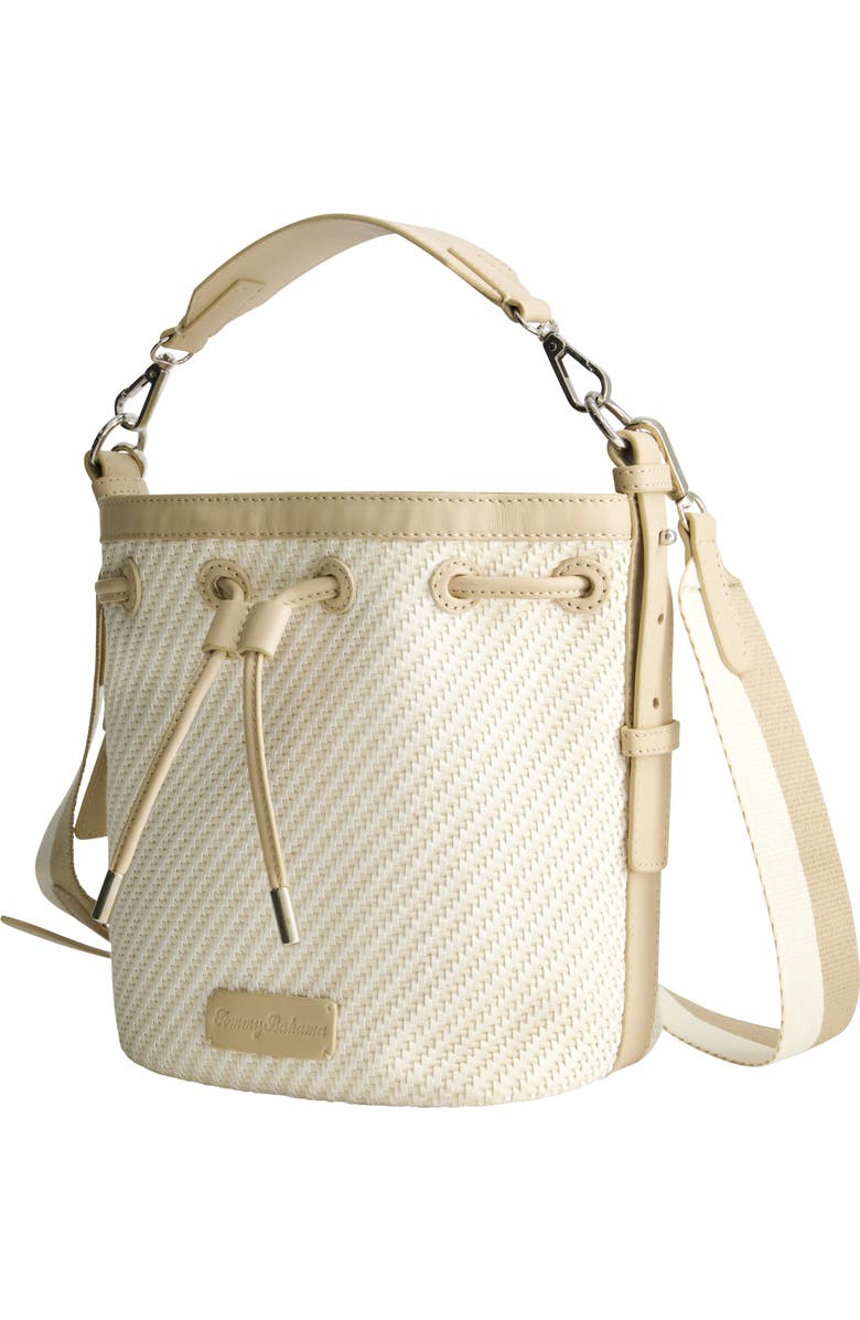 Tommy Bahama Soft Woven Drawstring Bucket Bag, Alternate, color, Tan/White