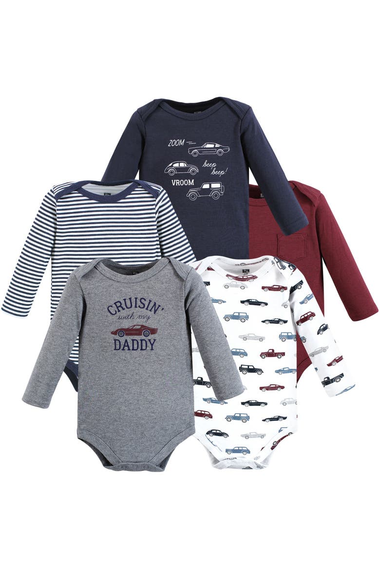 Everyday Long-Sleeve Cotton Babysuits Bundle of 5, Main, color, Cars