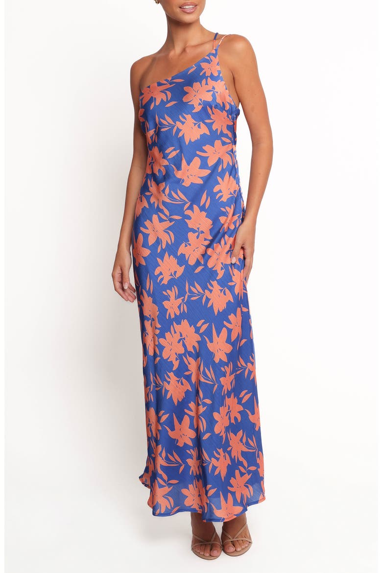 Bottie Floral Print One-Shoulder Satin Maxi Dress, Main, color, BLUE/ ORANGE FLORAL