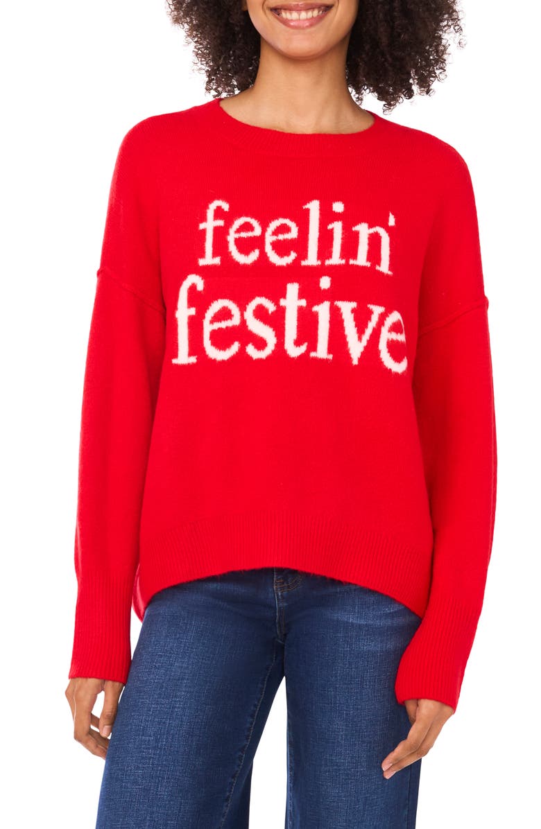 CeCe Feelin' Festive Sweater, Main, color, Bright Cherry/ Antique White