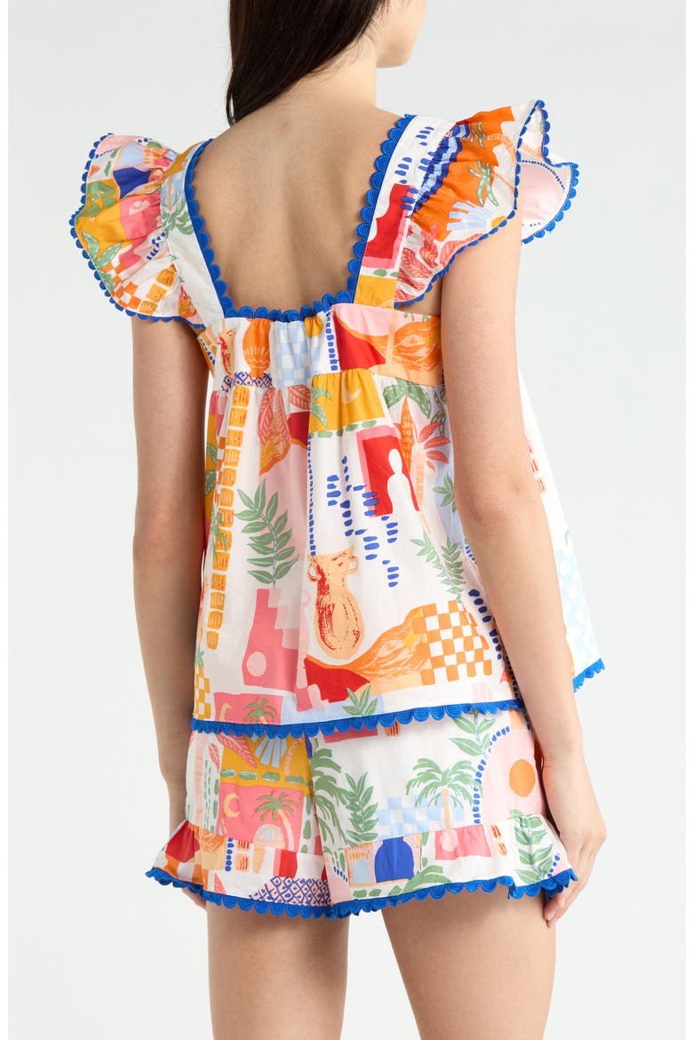 Petrolia Town Ada Embroidered Scalloped Trim Flutter Sleeve Cotton Top, Alternate, color, ORANGE PINK WIHTE