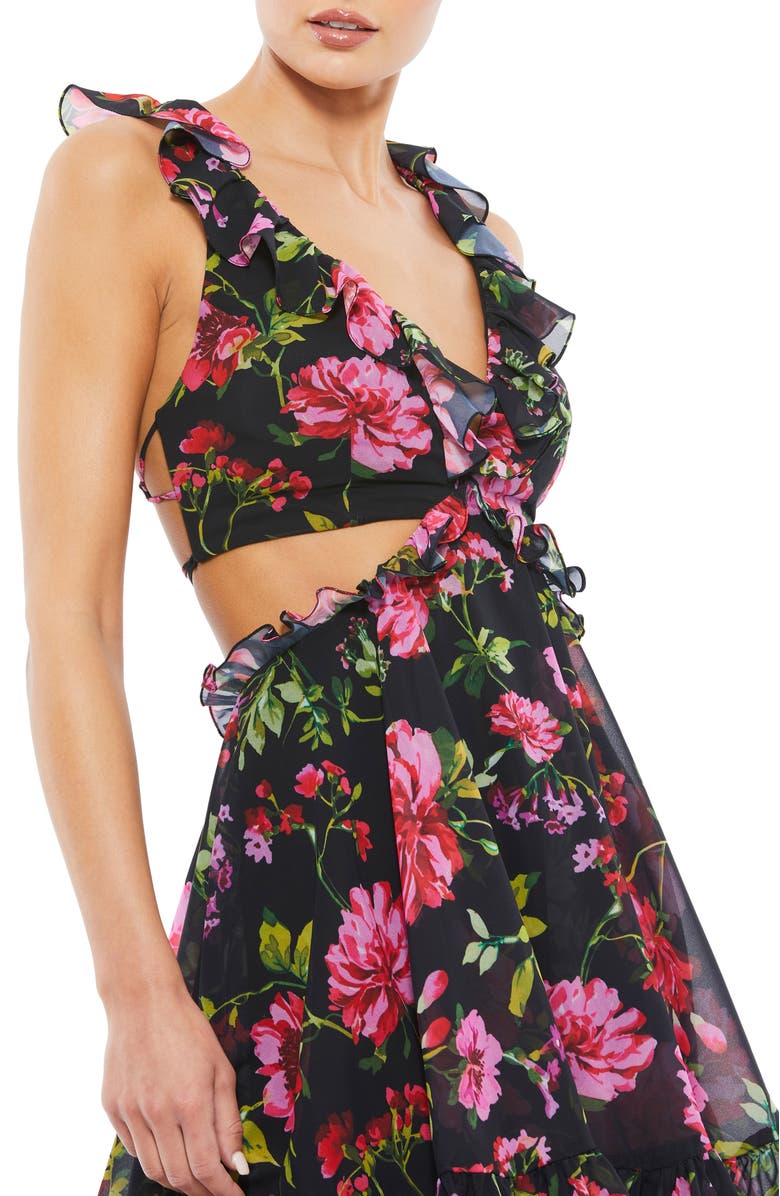 Mac Duggal Floral Ruffle Cut Out Lace Up Flowy Mini Dress, Alternate, color, Black Multi