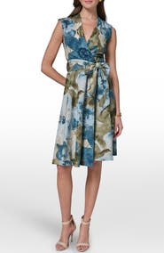 Donna Karan New York Floral Faux Wrap Linen-Blend Dress