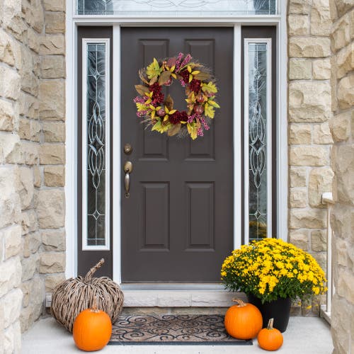 Northlight Mums And Pomegranates Artificial Fall Harvest Twig Wreath, 24-inch In Brown
