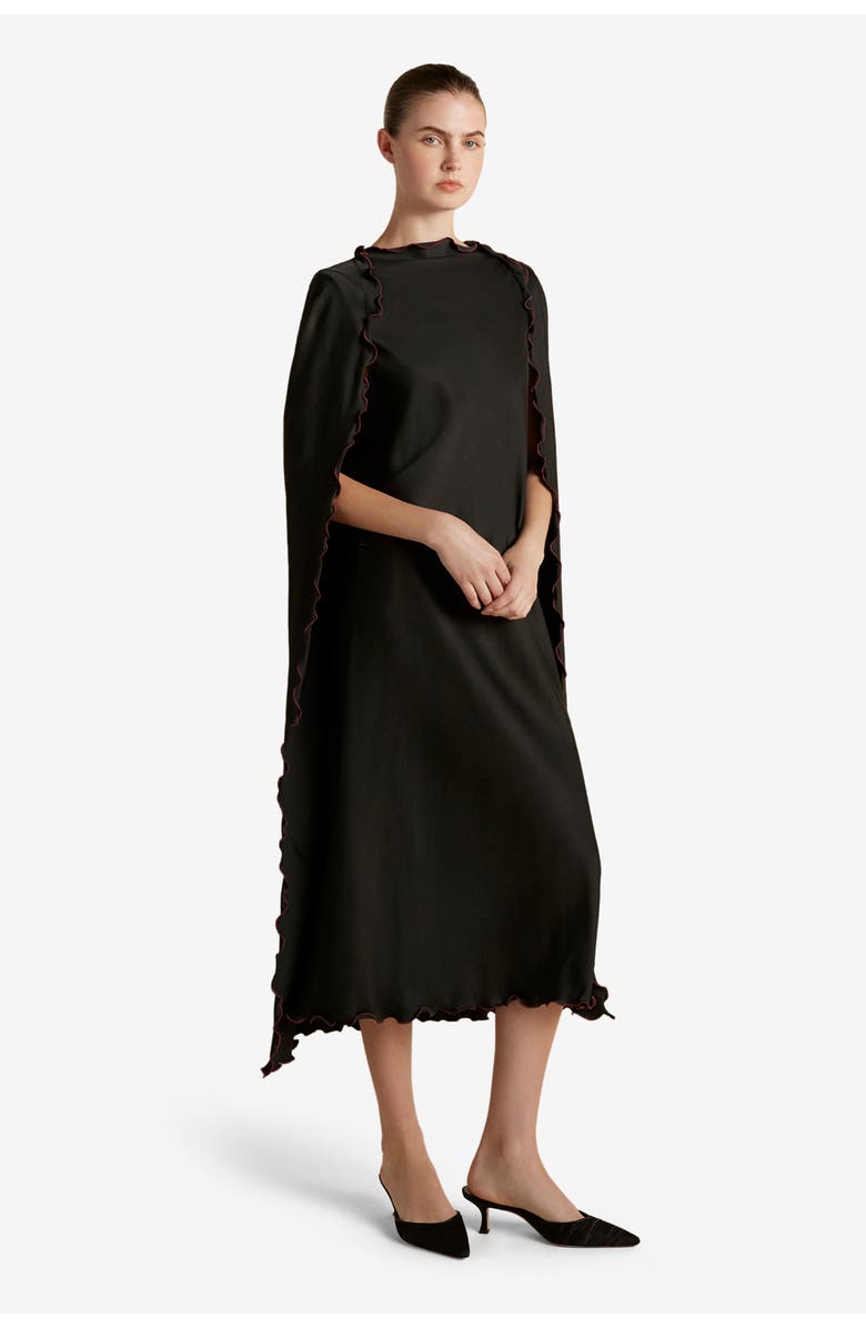 Marina Moscone Cady Cape Dress with Scalloped Edge, Alternate, color, Black