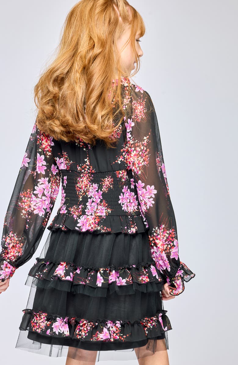 Hannah Banana Kids' Floral Tiered Dress, Alternate, color, Black Multi