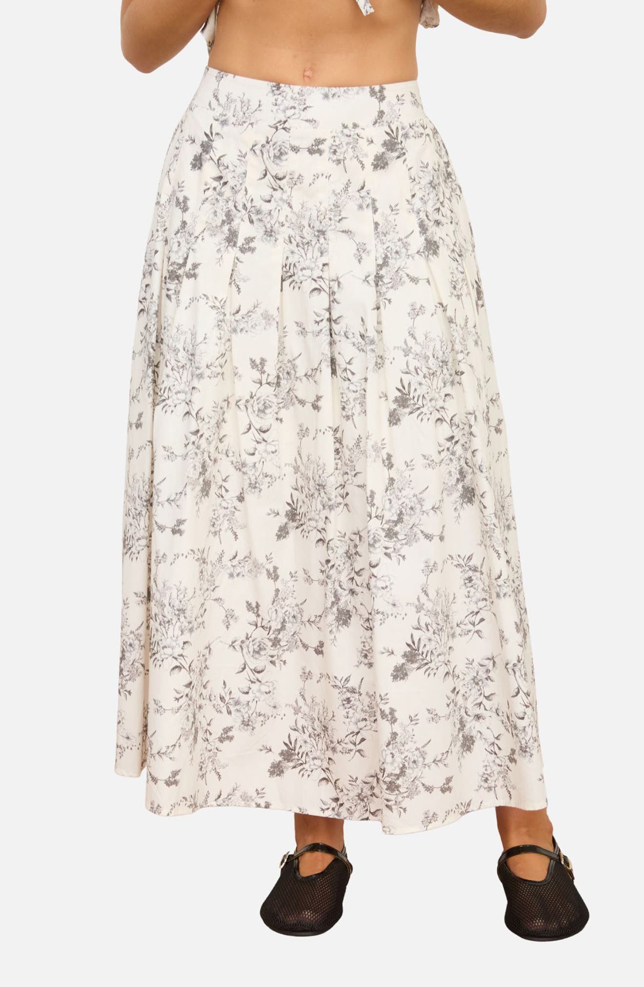 Blu Pepper Floral Toile Pleated Midi Skirt