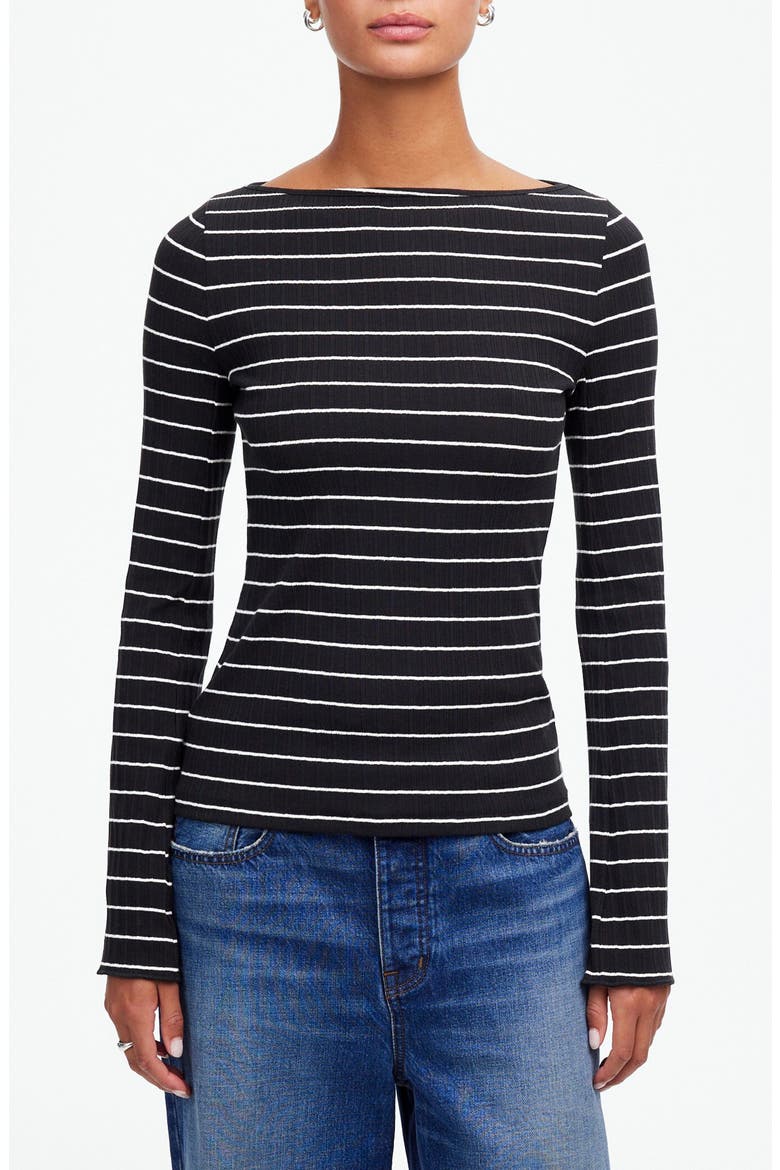 Stripe Boatneck Long Sleeve Rib Top, Main, color, JET BLACK