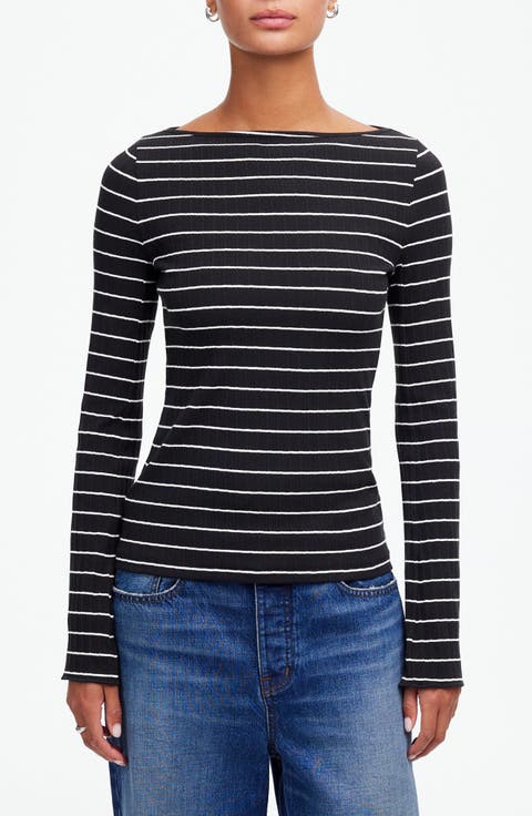 Stripe Boatneck Long Sleeve Rib Top
