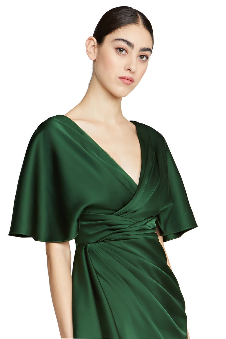 Gwen Ruffle Asymmetric Hem Elbow Sleeve Satin Faux Wrap Dress, Alternate, color, THORN