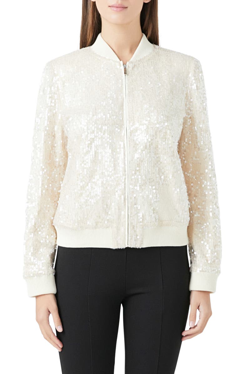 Endless Rose Sequin Bomber Jacket, Main, color, Ivory Beige