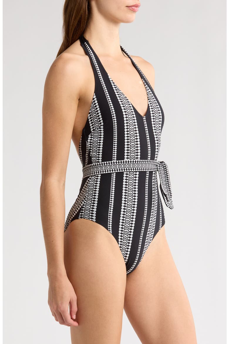 Lidya Tie Waist Halter One-Piece Swimsuit, Alternate, color, LUCHIA BLACK